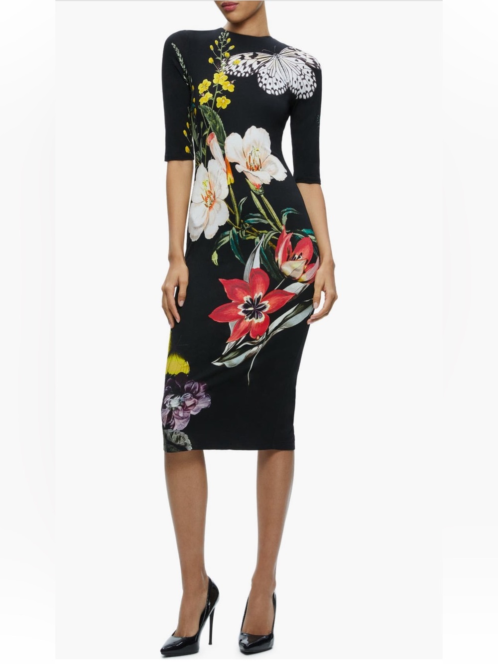Alice + Olivia Black Floral Midi Dress with Multicolor Butterflies NWOT Size 12
